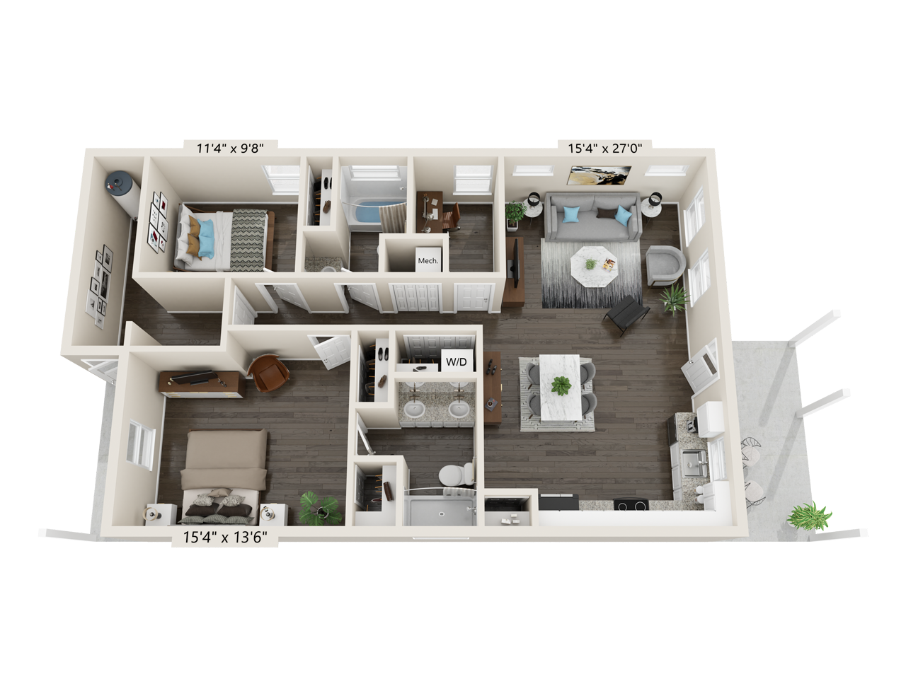 Floor plan for 2 beds, 2 baths, 1167 sqft